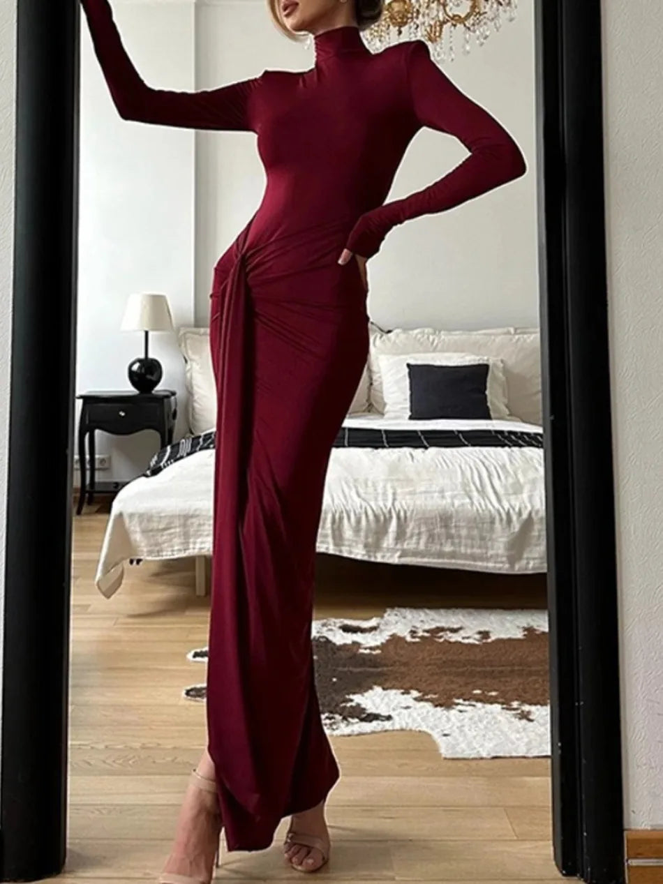 Women‘’s Dresses Autumn and Winter Fashion Sexy High-neck Long-sleeve Solid Color Dress with Waist Tie Club Long Dress