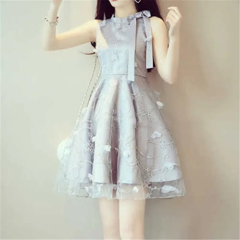 Elegant Floral Jacquard Embroidery Party Dress New Summer Women Tie Bow Mesh Dress Lady High Waist Short Sleeveless Tank Dresses