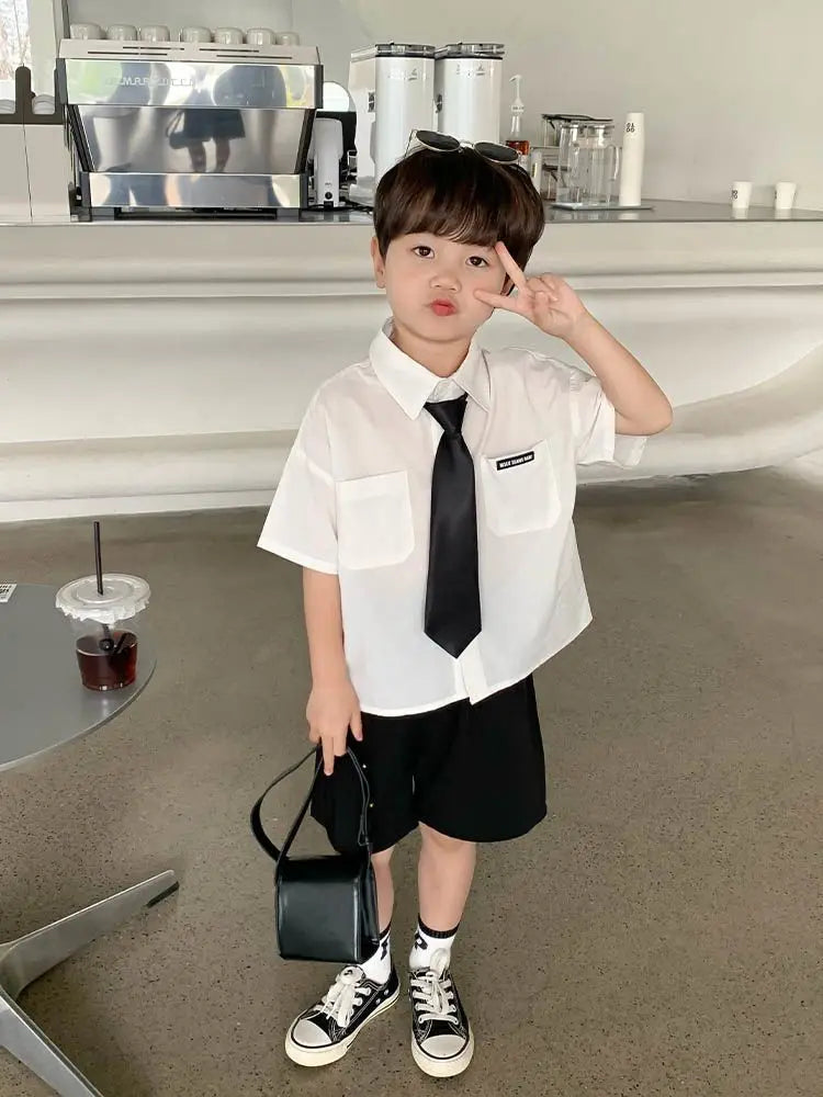 Teens Boys Summer Set Children's Wear Thin 2025 New Handsome British Style Boy White Cotton Short Sleeved Shirt+Black Shorts+Tie