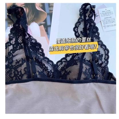 French Lace Lingerie Gathered No Steel Ring Bra Deep V Neck Sexy Wire Free Bras Underwear Tank Tops Padded Camisole Vest