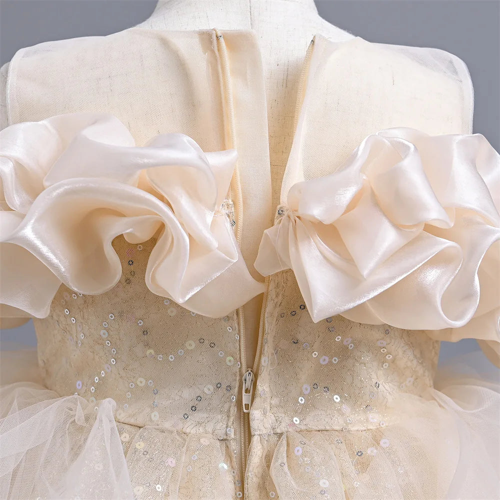 New Girl's Wedding Evening Dress Petal Sequin Mesh Sleeveless Dress Birthday Party School Graduation Party Dress