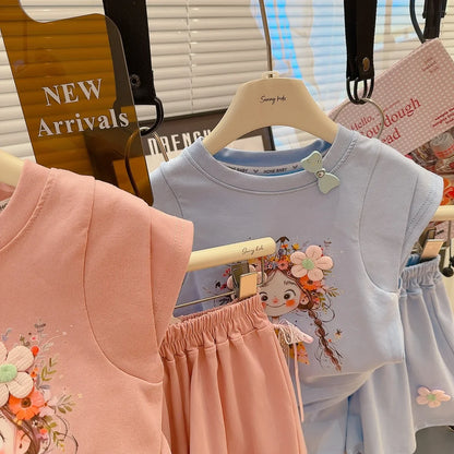 Korean Fresh Style Summer Set Cute Short Sleeve Top & High-Waist Shorts for Girls, 2-Piece Outfit