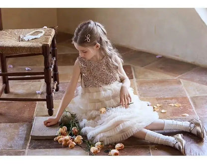 New Summer Party Dress for Kids Girls Sequined Sleeveless Mesh Cake Princess Dress Fashionable and Comfortable Skirt S4016