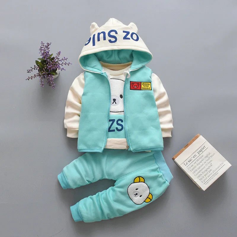 Baby Hooded Tracksuit Set with hooded vest, long sleeve T-shirt, and pants for baby boys and girls