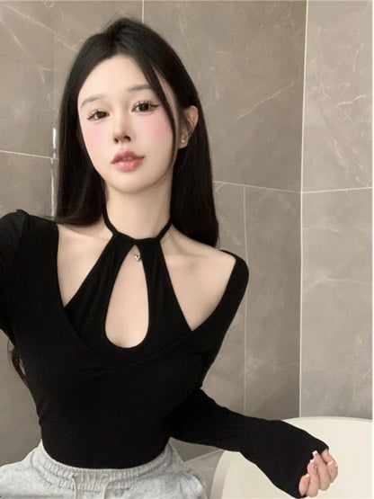 Sexy Spicy Girl Hollow out Long Sve Ne Hanging T-irt Women's Slimming Base irt Trendy Top Korean Sle round Ne