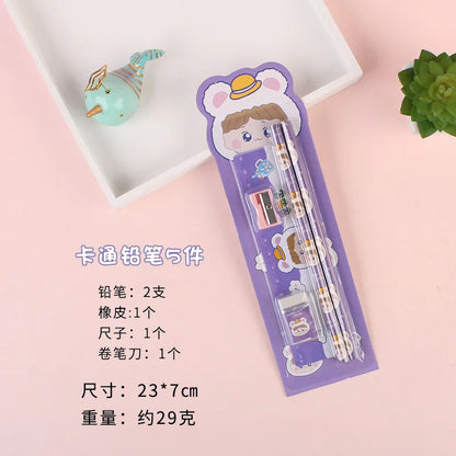 5Pcs Cute Cartoon Stationery Set Pencil Ruler Eraser Pencil Sharpener Kawaii Children School Scrapbook Supplies Set For Gifts