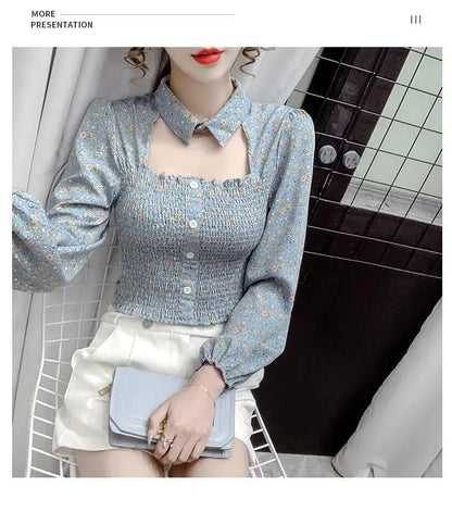 2025 Floral Chiffon Shirt New Spring Summer Women Collect Waist Hollow Out Tops Vintage Blouse Women Longsleeve Short Shirt 3XL
