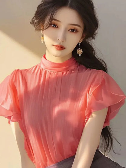 Short-sleeved Top for Women in Summer Fashionable Shirt French Style Unique and Beautiful Age-reducing Mint Green Chiffon Shirt