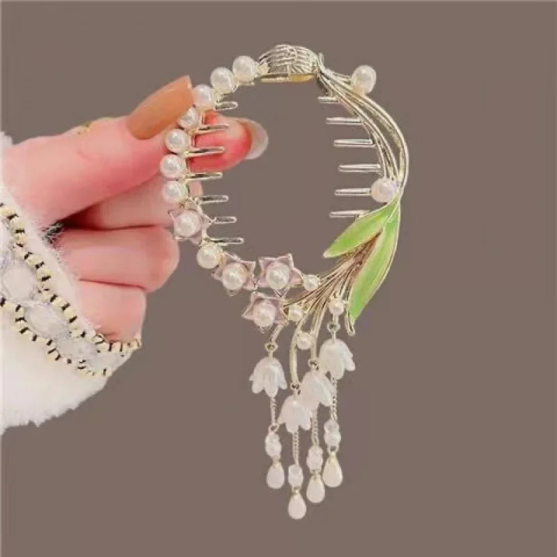 Ladies Butterfly Rhinestone Pearl Metal Hair Claw Round Bun Ponytail Holder (Available)
