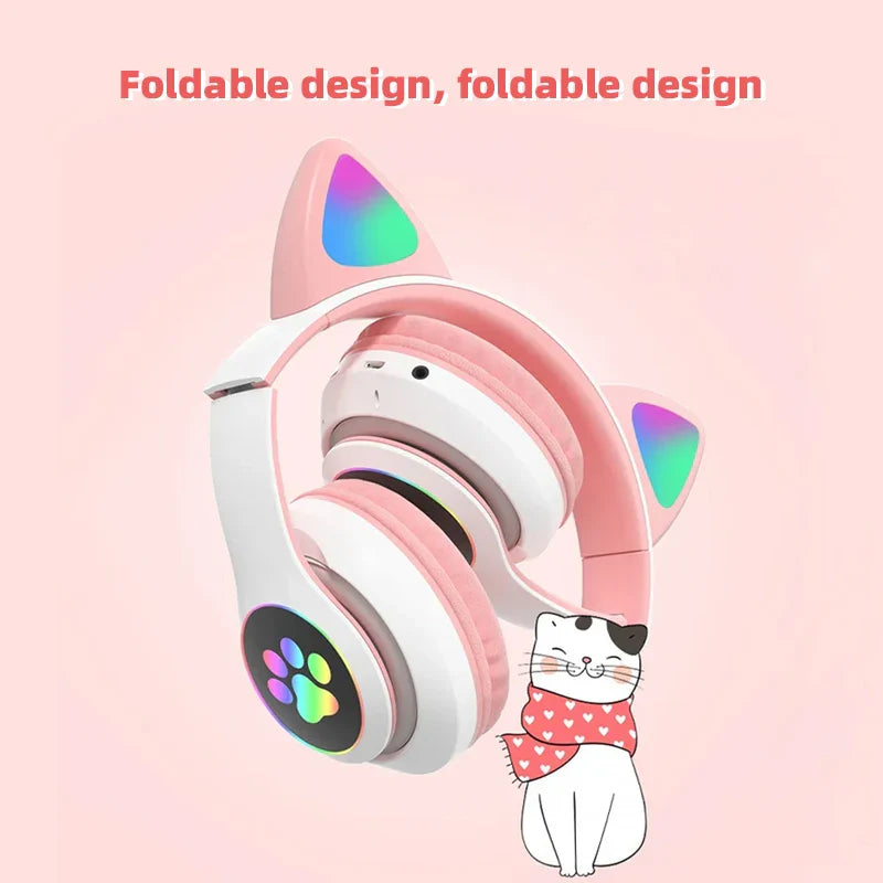 P47M Wireless Headphone Flash Light Cute Cat Bluetooth with Mic Control LED Stereo Music Helmet Phone Bluetooth Headset Gift