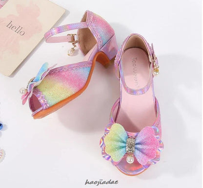 Summer High Heels Shoes for Girls Pageant Kids Sandals Child Mary Jane Shiny Princess Party Dress Up Shoes Purple Gold Pink Blue