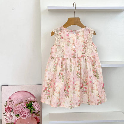 Girls Flower Dress Summer Retro Flying Sleeve Princess Dresses Children Casual Clothes 2-6Yrs Kids Pink Flower Bow Party Dress