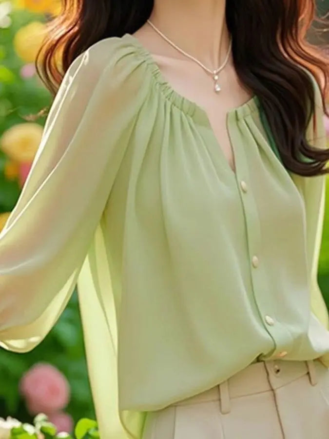 Chic Summer irt Women's Sle Korean Five-Quarter Sve Age-Defng Beautiful Faionable Good-Looking Chiffon Top