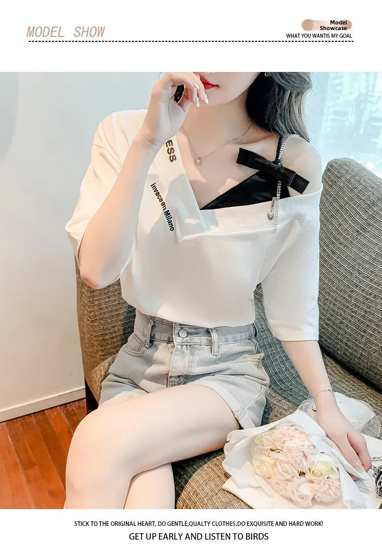 Unique Design oulder Bared ort Sve V-Ne Loose T-irt for Women  Knot Print Splice Asymmetrical Korean Sle