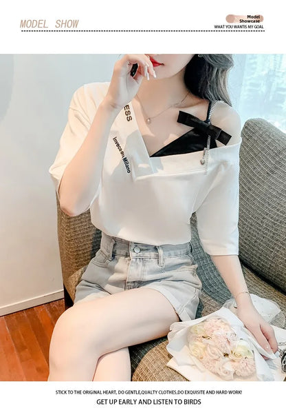 Unique Design oulder Bared ort Sve V-Ne Loose T-irt for Women  Knot Print Splice Asymmetrical Korean Sle