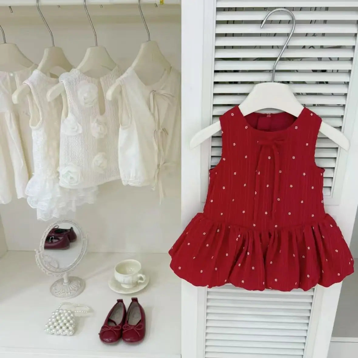 Girls Summer Dresses New Fashionable Casual Daily Sleeveless Floral Print Lightweight Red Bud Dress with Hair Band
