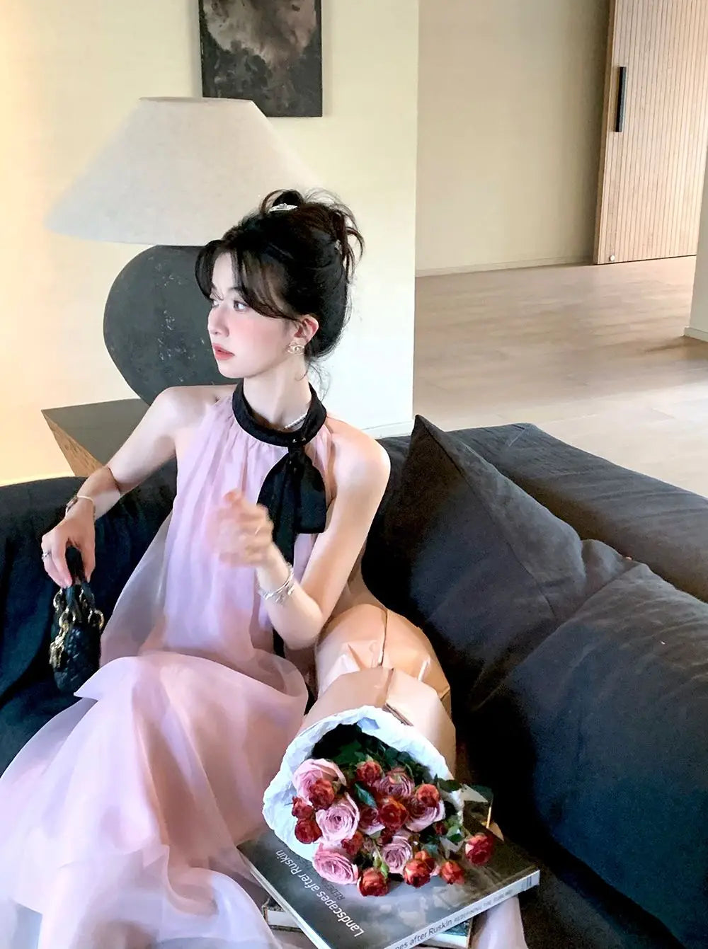 Women's Pink Halter Neck Maxi Dress With Black Bow Detail Sheer Chiffon Flowy Resort Party Dress