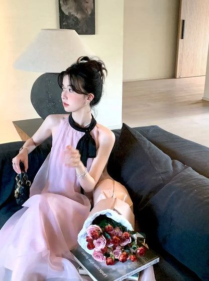 Women's Pink Halter Neck Maxi Dress With Black Bow Detail Sheer Chiffon Flowy Resort Party Dress