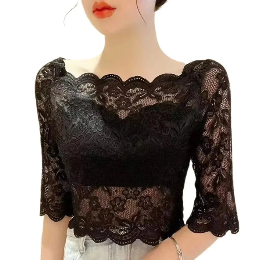 New One-word Collar Women Cropped Tops See-through Embroidery Half Sleeve Blouse Lace Pullover Tops Ladies