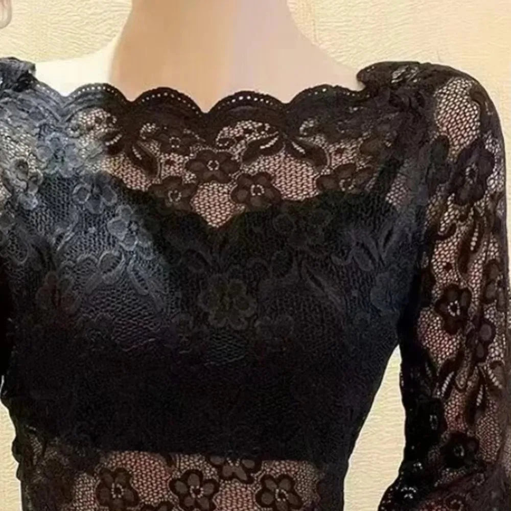 New One-word Collar Women Cropped Tops See-through Embroidery Half Sleeve Blouse Lace Pullover Tops Ladies
