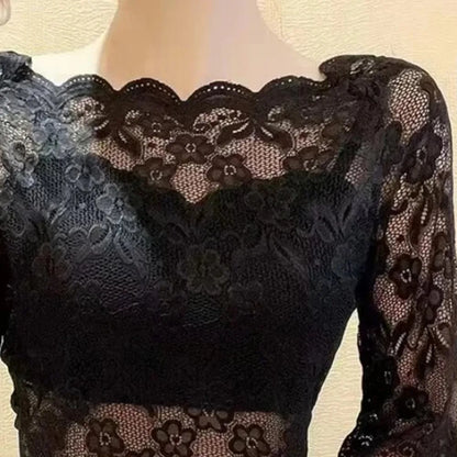 New One-word Collar Women Cropped Tops See-through Embroidery Half Sleeve Blouse Lace Pullover Tops Ladies