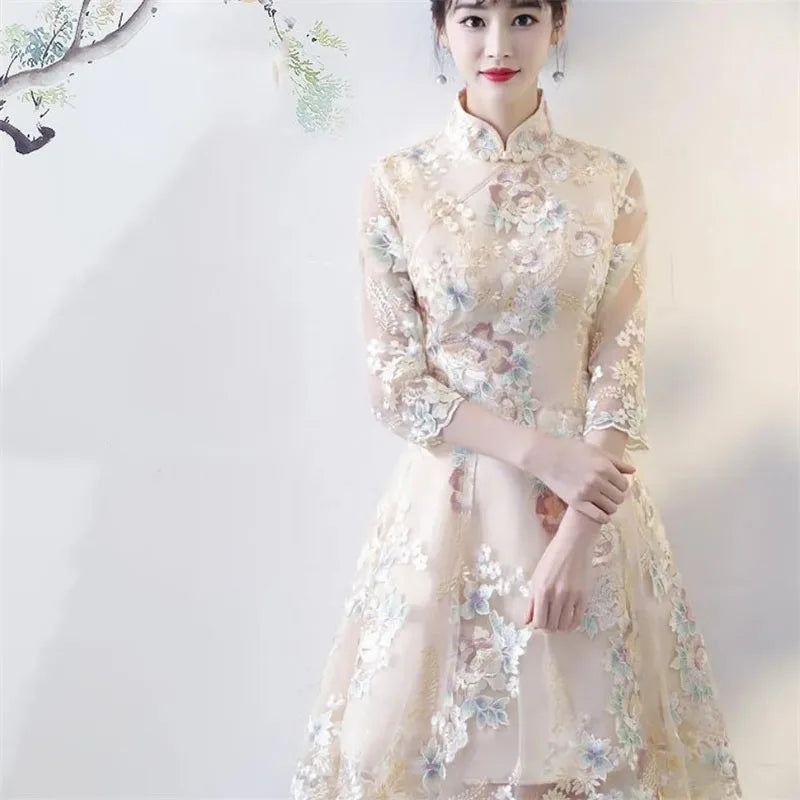 Spring Autumn Female Cheongsam Style Long Dresses Women Half Sleeve Lmproved Maxi Dress 2025 Ladies Fashion Solid Color Vestidos