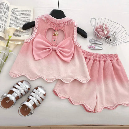 Baby Girls' Denim Suit Summer New Lace Vest Top Shorts Pants Casual and Fashion Kids Outwear Two-piece Set