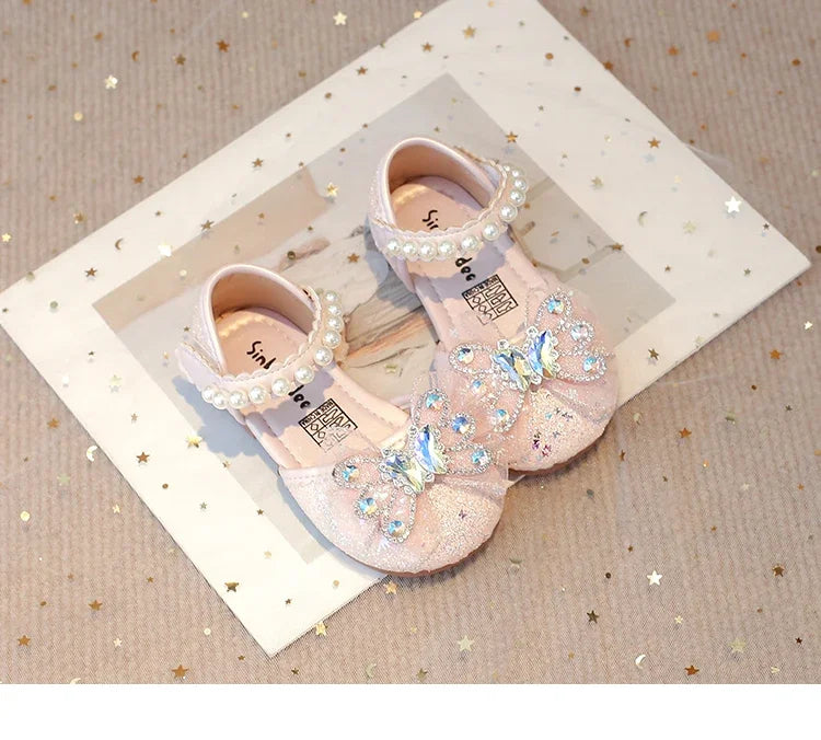 Baby Girls Leather Shoes  Spring Summer Children Casual Half Sandals Sequins with Crystal Butterfly Fashion Princess Sweet
