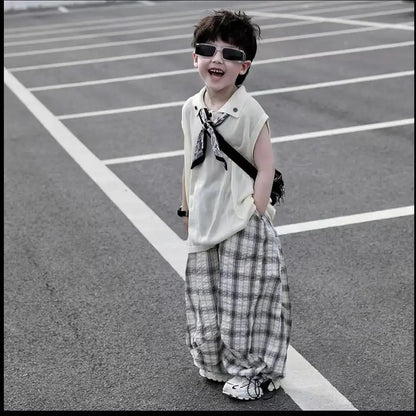 Summer Baby Boys 2Pcs Sleeveless Lapel T-shirt Top+ Thin Grid Pants Suit Children Outfit Fashion Casual Sets Handsome Clothes