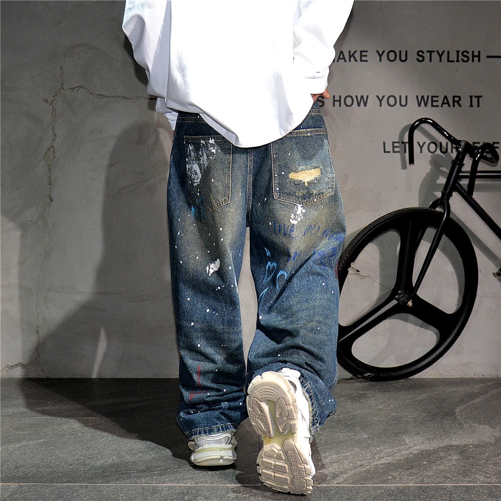 High End Men'S Clothing Hip Hop Graffiti Baggy Jeans For Men Streetwear Skateboard Ripped Jeans Korean Trendy Denim Trousers  ( Available )
