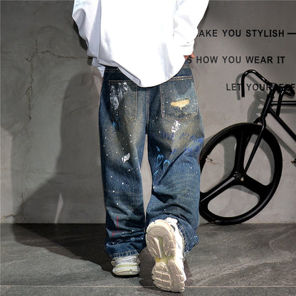 High End Men'S Clothing Hip Hop Graffiti Baggy Jeans For Men Streetwear Skateboard Ripped Jeans Korean Trendy Denim Trousers  ( Available )