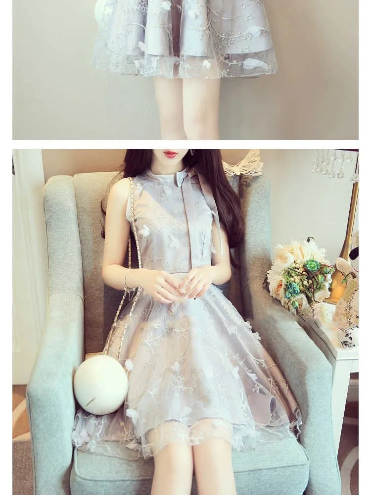 Elegant Floral Jacquard Embroidery Party Dress New Summer Women Tie Bow Mesh Dress Lady High Waist Short Sleeveless Tank Dresses