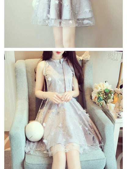 Elegant Floral Jacquard Embroidery Party Dress New Summer Women Tie Bow Mesh Dress Lady High Waist Short Sleeveless Tank Dresses