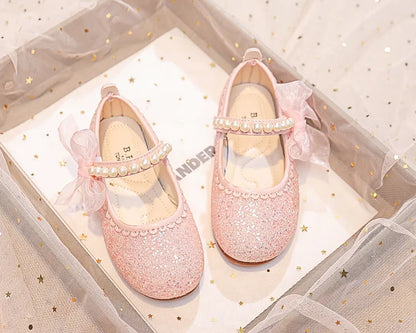 Fashion Girls Mary Janes for Party Wedding Shows Bow Pearls Elegant Princess Shoes Chic Kids Shoes Non-slip Children Fashion