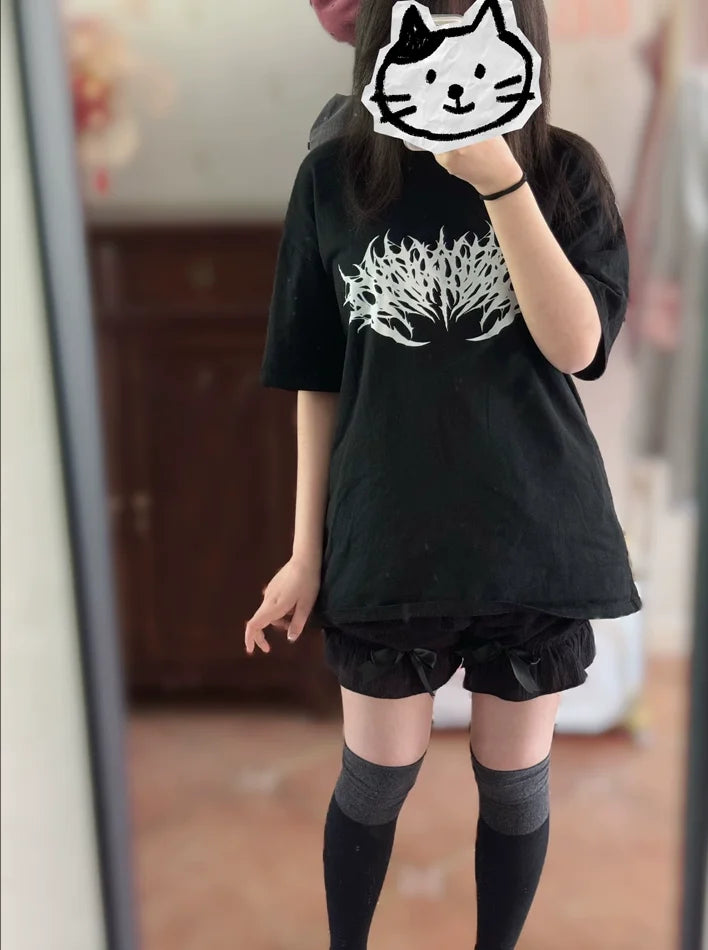 Japanese Mine Dark Goth Punk Summer Short-sleeved T-shirt Sweet Girl Couple T Shirt Versatile Print Simple Mid-length Tops