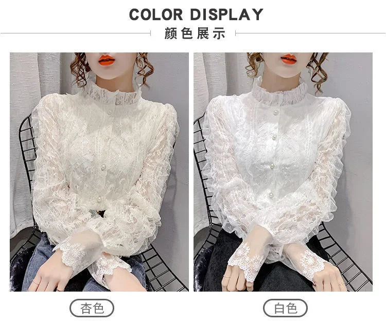 Blouse Women Shirt Lace Long Sleeve Women's Clothing Spring Lantern Sleeve Stand Collar Cardigan Top Blusas Mujer De Moda