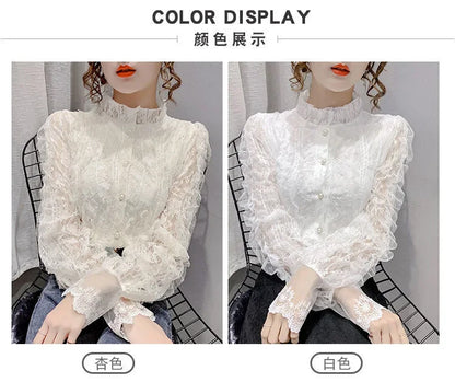 Blouse Women Shirt Lace Long Sleeve Women's Clothing Spring Lantern Sleeve Stand Collar Cardigan Top Blusas Mujer De Moda