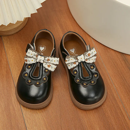 Cute bow Leather Girls Shoes 2025 New T-strap Oxfords Spring Kids Soft Shoes For Girl School Children Princess Dress Shoes