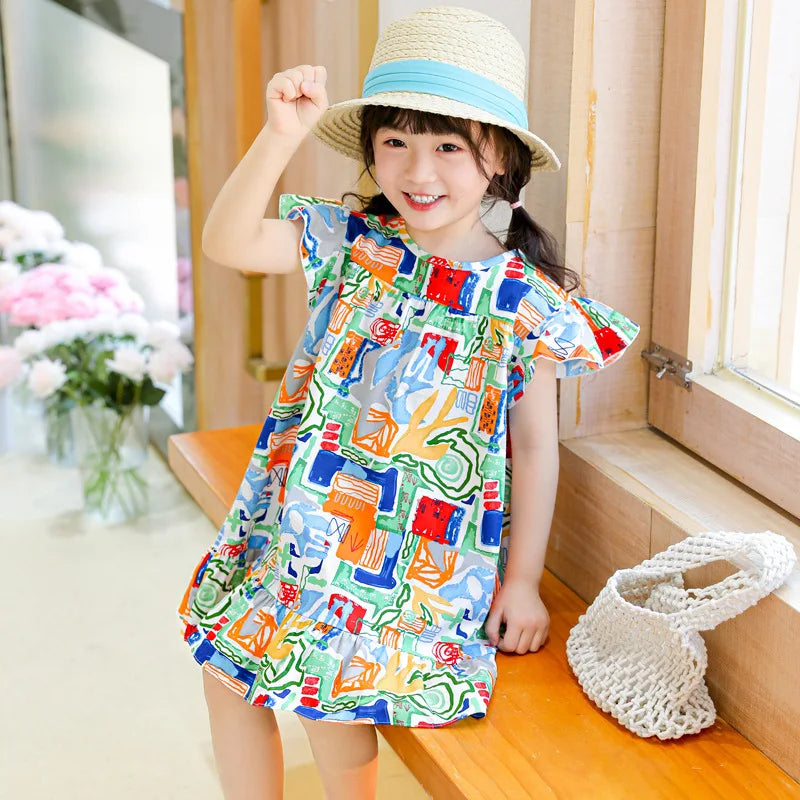 Girl Dresses100% Cotton Children's Clothing Summer Kids Clothes Girls Party Princess Fashion Outfit Flower Pattern Beach Dresses