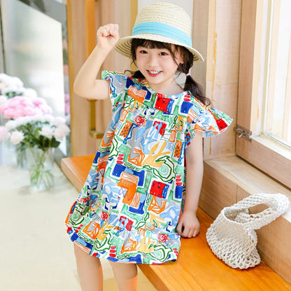 Girl Dresses100% Cotton Children's Clothing Summer Kids Clothes Girls Party Princess Fashion Outfit Flower Pattern Beach Dresses