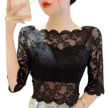 New One-word Collar Women Cropped Tops See-through Embroidery Half Sleeve Blouse Lace Pullover Tops Ladies