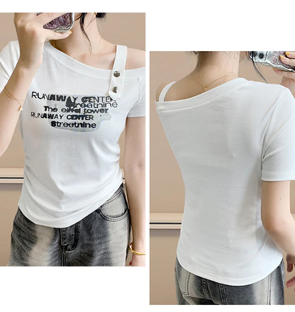 Sexy oulder Bared T irt Women's ort Sve Asymmetrical Collar Faionable Slimming Top Korean Sle Cotton Blend Summe...