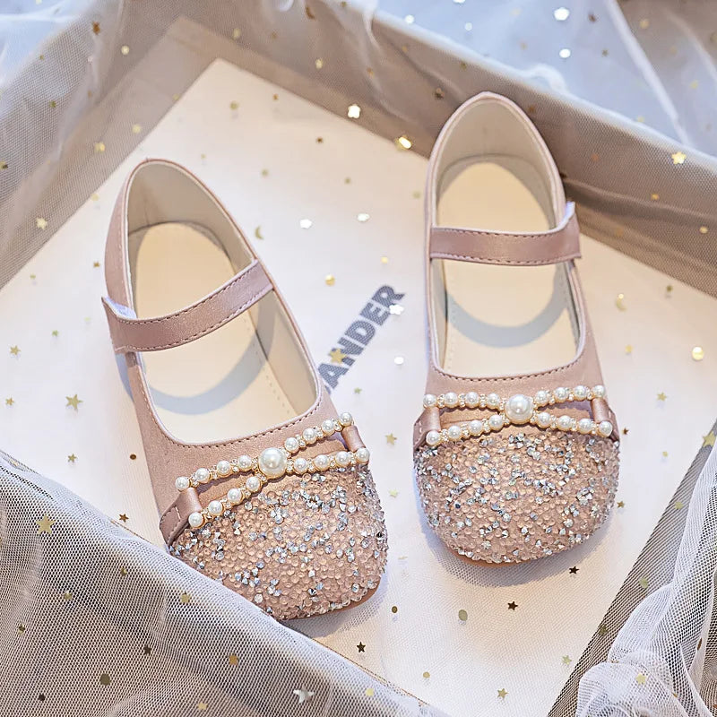 Girl Princess Shoes 2025 Spring and Autumn Crystal Shoes Rhinestones Single Shoes Baby Small Leather Shoes Soft Soles with Dress