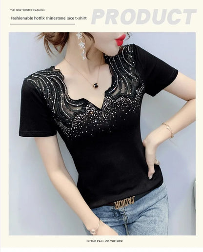 Sexy Hollow out V-Ne Rhinestone ort Sve T-irt Women Summer New Lace Me Top Trendy Anti-Aging Versatile Small irt