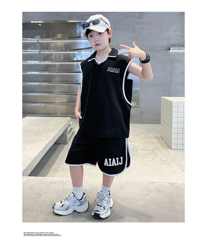 Boys Clothing Set American Style Children Vintage Vest Casual Sport Loose Pullover Sleeveless T-shirt Top Shorts Two-piece Set