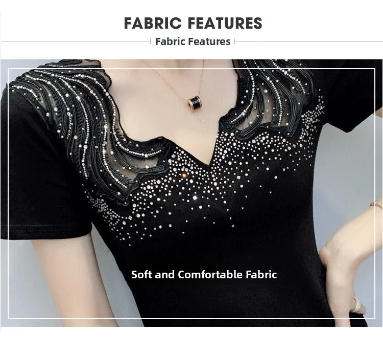Sexy Hollow out V-Ne Rhinestone ort Sve T-irt Women Summer New Lace Me Top Trendy Anti-Aging Versatile Small irt