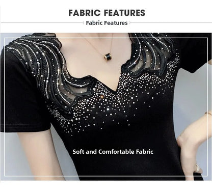 Sexy Hollow out V-Ne Rhinestone ort Sve T-irt Women Summer New Lace Me Top Trendy Anti-Aging Versatile Small irt