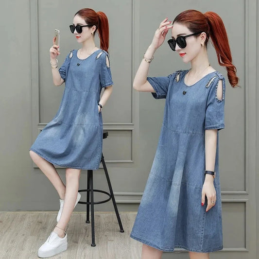 Short sleeved Denim Dress Summer Women's 2024 New College style Fashion Student Loose Dress With pockets Casual Clothing