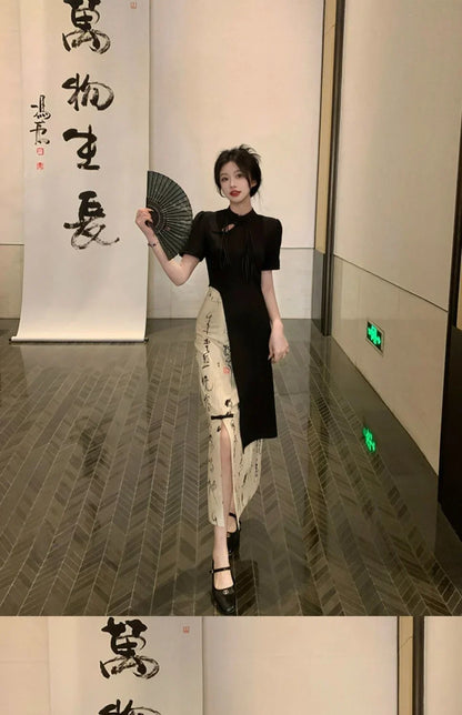New Chinese Style High Grade Irregular Calligraphy Half Body Dress Fashion Qipao Two Piece Set Skirt Women's Summer Hanfu Suit