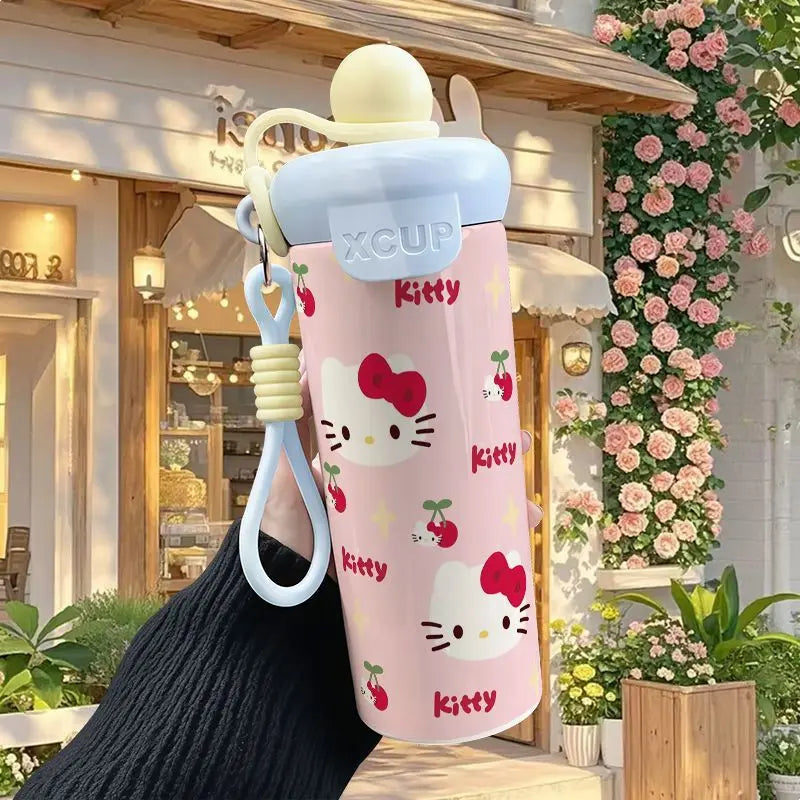 600ml Sanrio Hello Kitty Vacuum Thermos Cup SS316 Insulated Coffee Mug with Lifting Rope Portable Outdoor Drinking Water Kettle